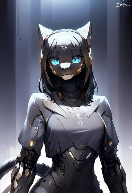 masterpiece, score_9, score_8_up, score_7_up, score_6_up, (by zinfyu), dark atmosphere, emotional depth, cinematic lighting, hyper-detailed, mcnm, source_furry, anthro, furry, 1girl, mechanical Khamira, mech black hair, feline, detailed face, detailed eyes, black fur, cyborg blue eyes, cyber cat tail, glowing animal ears, melancholic expression, dim dramatic lighting, dark and moody background, emotional and detailed composition, subtle glow in the eyes, hair slightly disheveled, detailed textures and fur