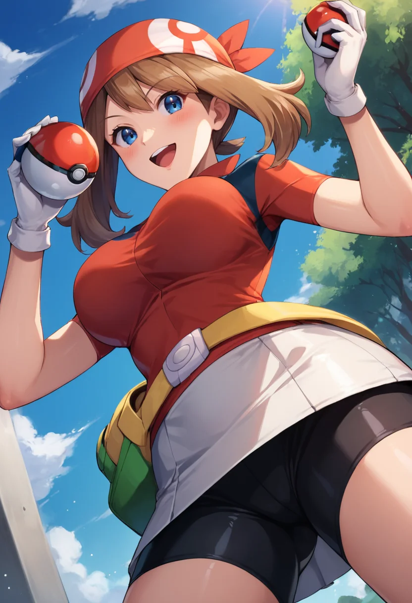 masterpiece,best quality, highly detailed, score_9, score_8_up, score_7_up, score_6_up,<lora:xl_more_art-full_v1:0.8>,source_anime,
BREAK
<lora:mayXL:0.8>may, 1girl, may (pokemon), breasts, solo, blue eyes, holding poke ball, large breasts, brown hair, gloves, bike shorts, poke ball, holding, open mouth, smile, bandana, short sleeves, skirt, blush, shirt, bangs, looking at viewer, red shirt, shorts, white skirt, fanny pack, white gloves, red bandana, black shorts, teeth, from below