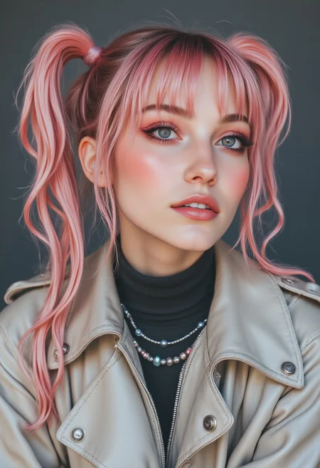 FictionalBerry, 20 years old girl with pastel pink twintails,light grey pupils, red eye makeup and glossy pink lips, cybernetic skin and implants, organic tissue, synthetic components, cybernetic enhancements