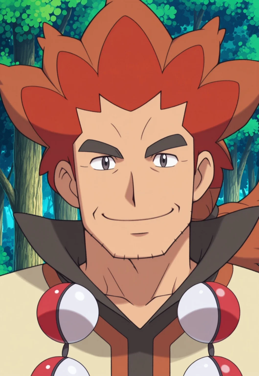 solo, masterpiece, detailed, ultra hd, best quality, 1boy, male, official art, w0lfc0nf, modern, new, masculine face, daddy looking face
PokemonAlder, red hair, two-tone hair, ponytail, stubble, poncho, poke ball necklace, headshot, looking at viewer, smiling, zoomed in, head only, close up, forest background