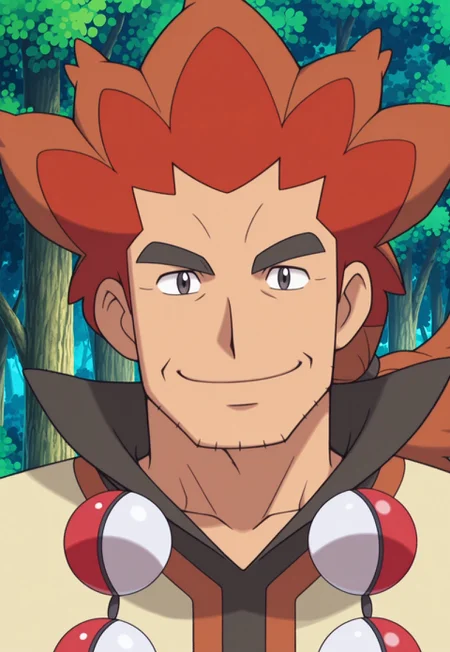 solo, masterpiece, detailed, ultra hd, best quality, 1boy, male, official art, w0lfc0nf, modern, new, masculine face, daddy looking face

PokemonAlder, red hair, two-tone hair, ponytail, stubble, poncho, poke ball necklace, headshot, looking at viewer, smiling, zoomed in, head only, close up, forest background