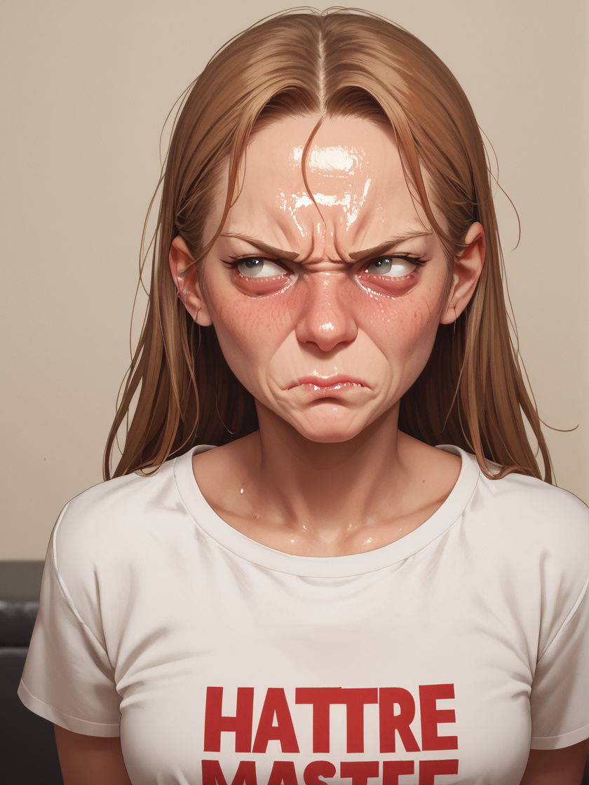 score_9, score_8_up, score_7_up, flat,
cartoon, woman, hatecum, disgusted, face,
masterpiece, best quality,
<lora:hatecum-pony-000004:0.8>