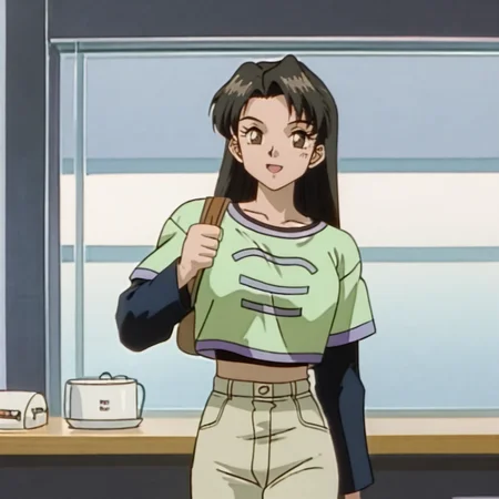 <lora:SakuraOVA_pony_v1:1> SakuraGreenBag, 1girl, retro artstyle, long hair, short over long sleeves, black hair, layered sleeves, 1980s (style), pants, 1990s (style), crop top, short sleeves, shirt, cowboy shot
