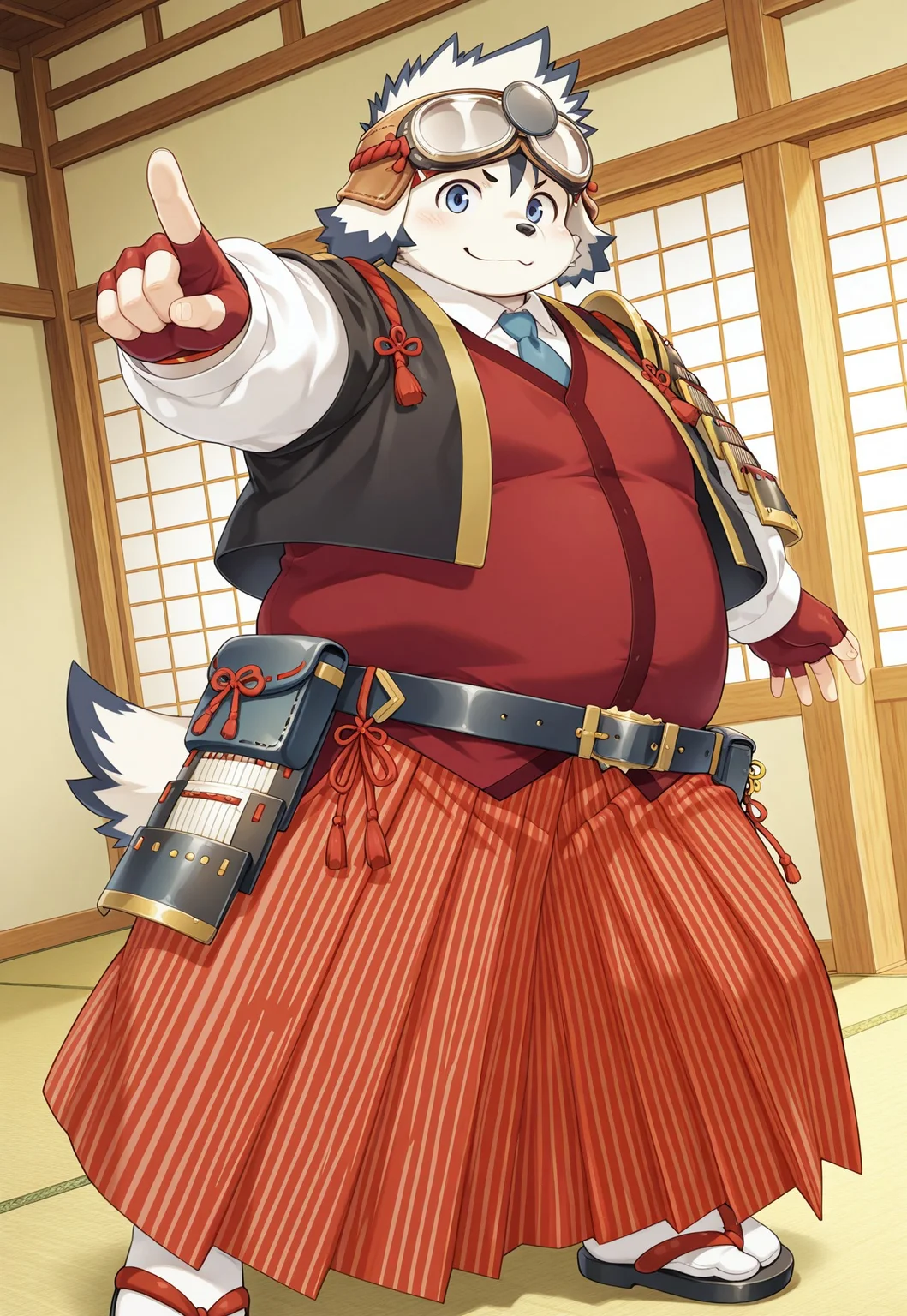 masterpiece, best quality, amazing quality, colorful, vibrant, very aesthetic, detailed background, (t-tajima, dog boy), 1boy, chubby, goggles on headwear, japanese armor, japanese clothes, single shoulder armor, single_sode, white shirt, blue necktie, red vest, black cropped jacket, fingerless gloves, belt, waistpack, striped_hakama, black tabi, sandals, indoors, long sleeves, standing, standing, pointing_viewer, dynamic pose, dynamic angle, plump,