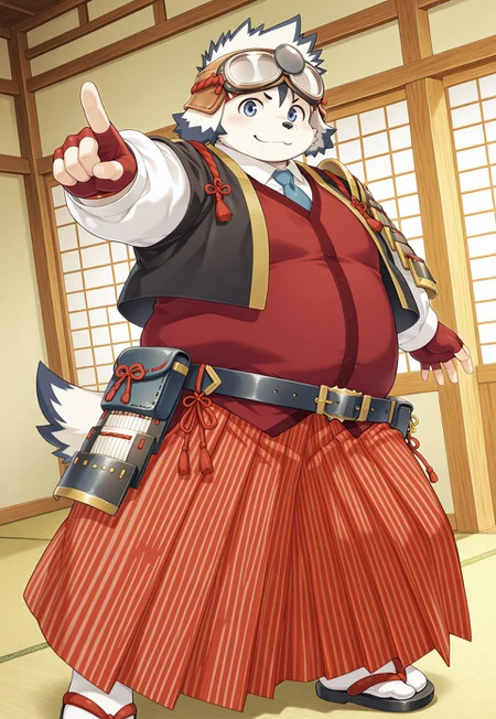 masterpiece, best quality, amazing quality, colorful, vibrant, very aesthetic, detailed background, (t-tajima, dog boy), 1boy, chubby, goggles on headwear, japanese armor, japanese clothes, single shoulder armor, single_sode, white shirt, blue necktie, red vest, black cropped jacket, fingerless gloves, belt, waistpack, striped_hakama, black tabi, sandals, indoors, long sleeves, standing, standing, pointing_viewer, dynamic pose, dynamic angle, plump,