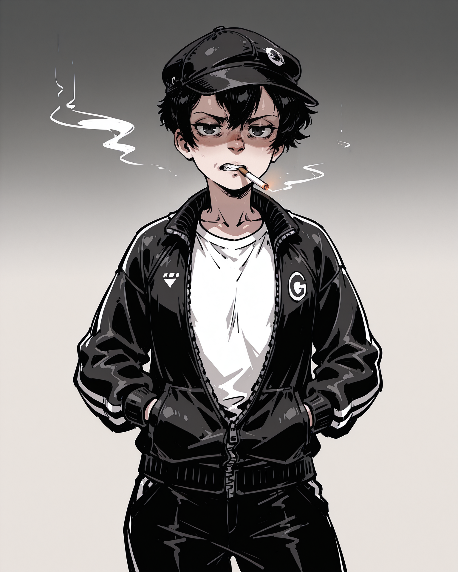 IllustriousQual_1017896, detailed face, detailed body, disco_elysium, linear hatching, OCDamien, 1boy, solo, otoko no ko, toned, nose shade, black hair, black eyes, very short hair, pixie cut, hair between eyes, black flat cap, gopnik, cigarette in mouth, black track suit, white t-shirt,  scowl, gritting teeth, looking at viewer, facing viewer, hands in pockets,cowboy shot, gradient background, grey background, <lora:StS-Illustrious-Detail-Slider-v1.0:5><lora:hand 5.5_903007:0.9><lora:OC_Damien:1> <lora:StS_Age_Slider_Illustrious_v1:3><lora:il_brightness_slider_d1_1133126:0><lora:Muscle slider 3_last:2><lora:PP slider_last:-1> <lora:disco_elysium:1>