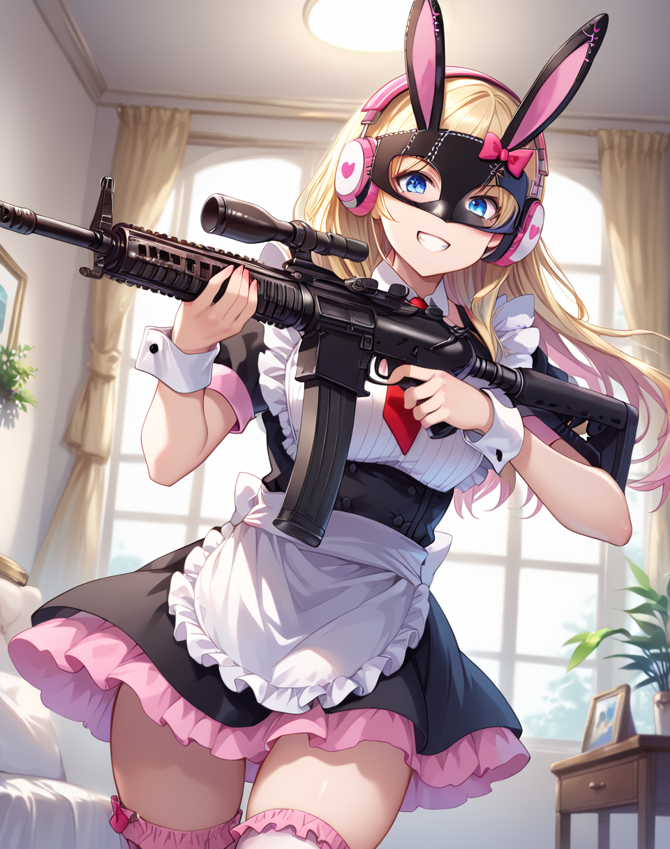 arisugawa_hakua, blonde hair, long hair, blue eyes, pink headphones, rabbit mask, maid uniform, usagidon clothes, frills, wrist cuffs, red necktie, pink bow,   apron,  maid, holding, thighhighs,  wearing mask,  headphones, pink headphones  BREAK indoors, bedroom BREAK holding assault rifle, standing, assault rifle , battle pose, dynamic pose, grin  BREAK score_9, score_8_up, score_7_up, source_anime ,zPDXL, <lora:Arisugawa_Hakua:0.8> ,<lora:Pony_Weapon_Assault_Rifle_-_By_HailoKnight:0.7>