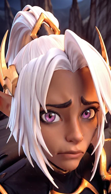 professional 3d model masterpiece, best quality, amazing quality,
<lora:lohushka:1> lohushka, 1girl, solo, white hair, pointy ears, elf, breasts, dark-skinned female, dark elf, purple eyes, ponytail,
(night:1.2),<lora:NOOB_vp1_detailer_by_volnovik_v1:1> <lora:cfg_scale_boost:1> <lora:dark_v1.9-pony:0.5> nhl-001, limited palette, realistic, <lora:No_Bitches__Meme_Pose_Concept__IllustriousXL_and_NoobAI:1> no bitches, close-up, portrait, solo, blurry background, looking at viewer, closed mouth, frown, portrait, close-up, solo, white background, simple background, looking at viewer, closed mouth, furrowed brow, frown, sad, , no bitches, close-up, portrait, male focus, solo, looking at viewer, furrowed brow, closed mouth . octane render, highly detailed, volumetric, dramatic lighting