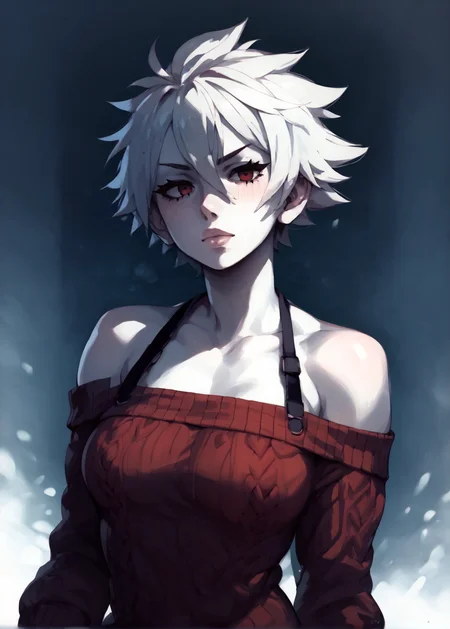 white skins, spiky red short tomboy hair, neutral expression, tight sweater, <lora:NAHIRI:1> nahiri, 1girl, solo, short hair, breasts, bare shoulders, white hair, colored skin, <lora:RD-MAnon-XLV1.1:1> female,, source_anime, score_9_up, score_7_up, score_8_up