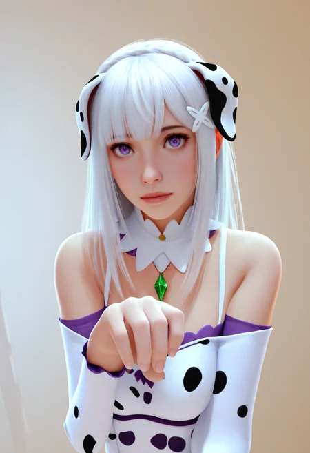 safe, masterpiece, very aesthetic, 3d, realistic, photorealism, 1girl, (emilia_\(re:zero\):0.9), dalmatian costume, solo
 <lora:3DStyle_NAIXL_v20:1>