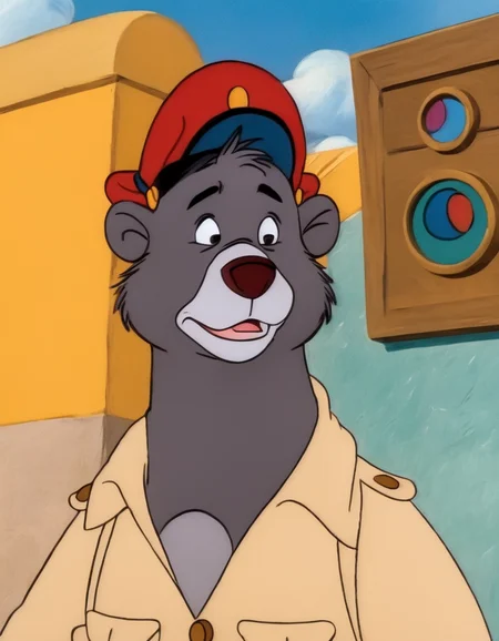 disney style cartoon, <lora:TaleSpin_-_Baloo_2:0.8> 1boy, bear baloo, cartoon, face, furry, hat, male focus, peaked cap, red headwear, solo, yellow shirt, (candy world of disney:1.4),( in art style Picasso:1.2), walking on the street, (comedic photograph of the year), screenshot from the 1983 film,