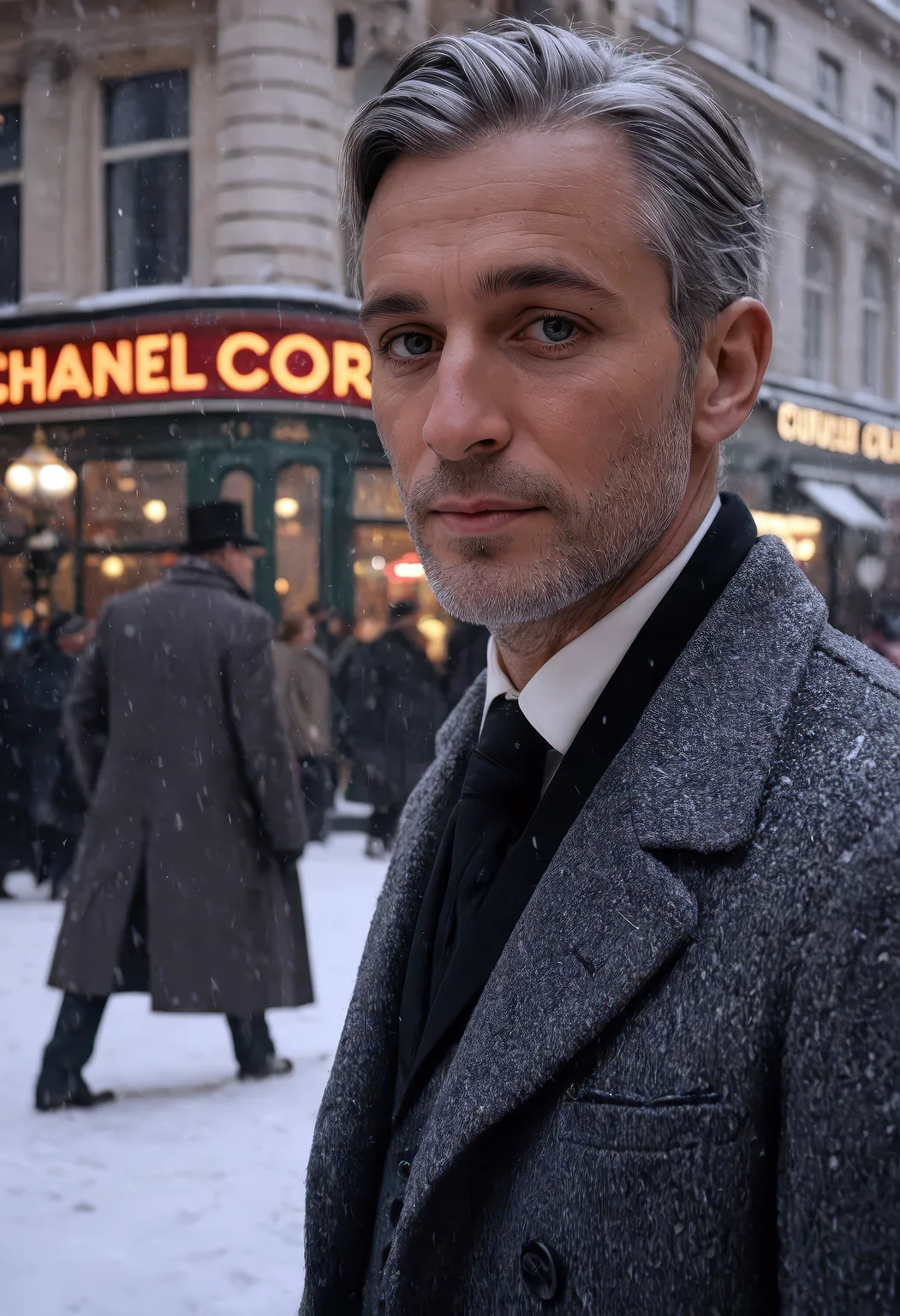 highly detailed HDR photograph of an awkwardly handsome old man, round face, mesmerizing eyes, large sideburns, deep skin wrinkles and visible pores, (realistic skin texture), gray hair, stoic expression, dressed in 1843 winter formal suit with Chanel Métiers d'Art couture styling, warm overcoat, holly pinned to lapel, snow falling in 19th century Piccadilly Circus, London, cinematic lighting inspired by Brandon Woelfel, film grain, vivid yet realistic color tones, (Kodak Portra film aesthetic), hazy festive atmosphere, high contrast, delightful postcard composition, immersive scene, dynamic narrative mood, professional fashion photography, Tony Kelly and Casey Baugh influence