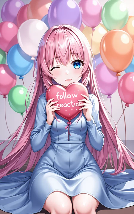 A pink long-haired girl wearing a spring-style long-sleeved dress in elegant blue,surrounded by a burst of colorful balloons in various shapes and hues,sitting casually,facing front,both hands gently holding a heart-shaped balloon close to her chest,the balloon has glowing letters âfollow reactionâ written on it,heart-shaped sparkle overlay,dreamy saturated lighting from below,stylized shading,fantasy-inspired color tones,
<lora:hakaseayaka-base-02-flux:0.7>,hakaseayaka,blue eyes,long pink hair,anime-style,