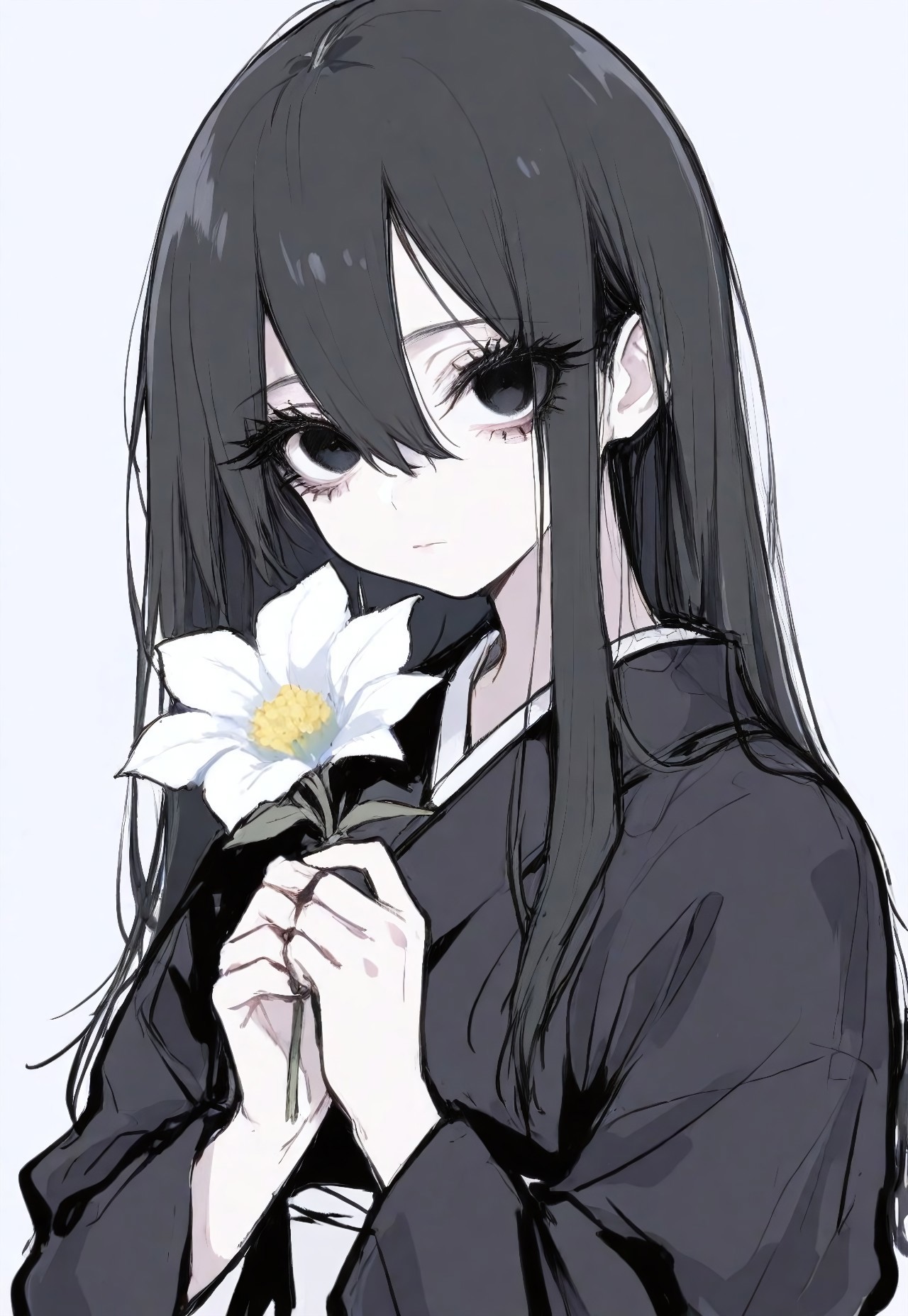 1girl, solo, black eyes, thick eyelashes, black hair, long hair, hair between eyes, black kimono, long sleeves, upper body, closed mouth, holding flower, white flower, looking at viewer, simple background, masterpiece, best quality, amazing quality, ma1ma1helmes_b_illu, sketch