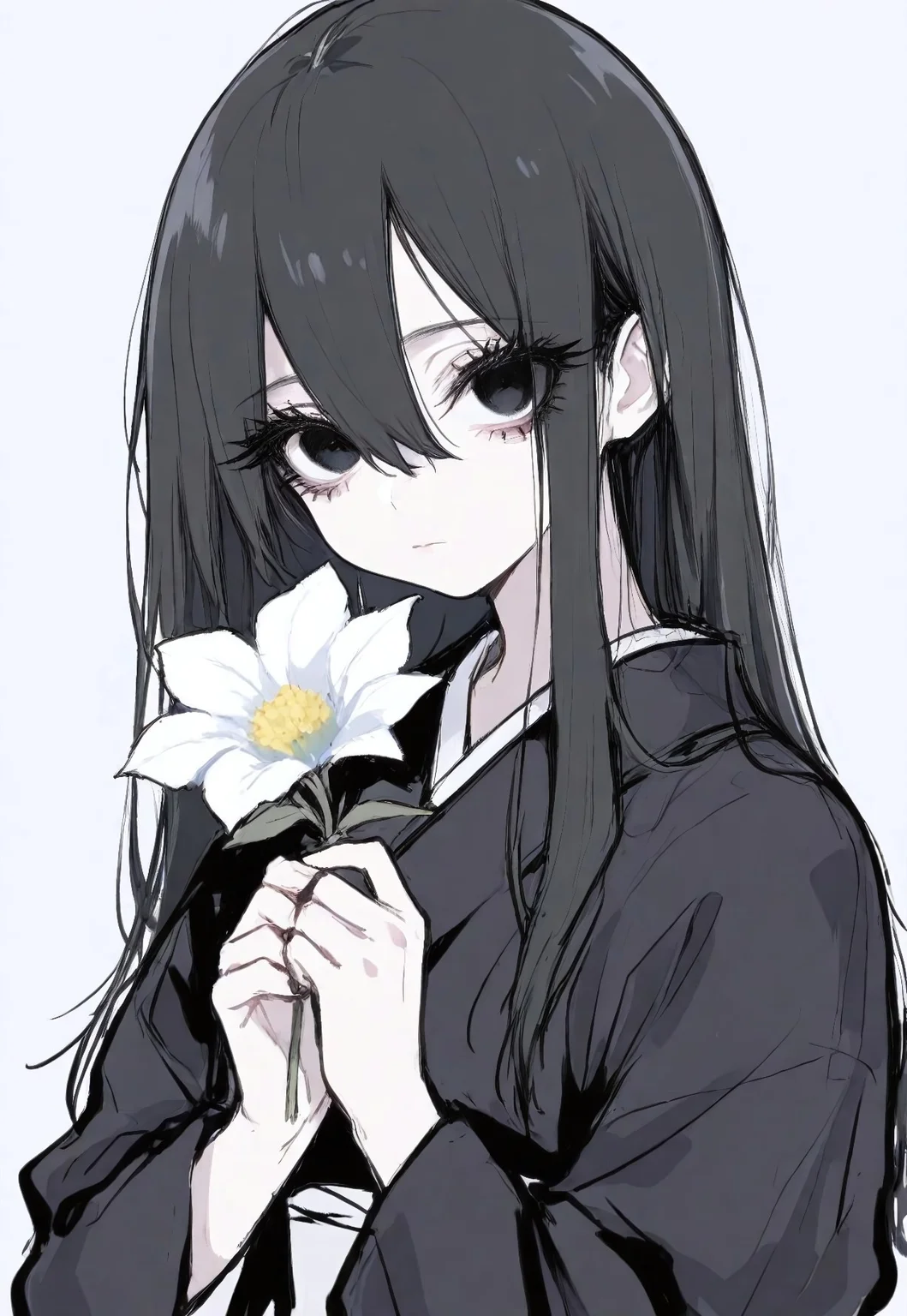 1girl, solo, black eyes, thick eyelashes, black hair, long hair, hair between eyes, black kimono, long sleeves, upper body, closed mouth, holding flower, white flower, looking at viewer, simple background, masterpiece, best quality, amazing quality, ma1ma1helmes_b_illu, sketch