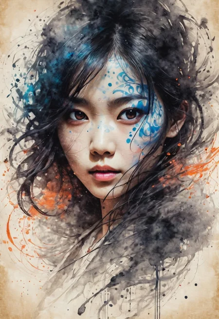 score_7_up, score_6_up, Ink illustration on parchment, portrait. A ghostly female, 30yo, Asian. traditional canvas outfits. intense, anger, dangerous. Dynamic Mystical circle. Elements. Glowing eyes. Scars, Bokeh blur. dynamic motion, chaotic patterns, particles. Overlapping colors. Mystic color palette, BadDream, DEVIL SPAWN.