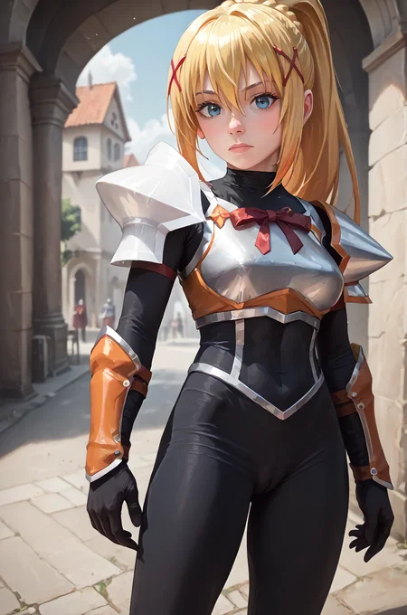 darkness \(konosuba\), 1girl, solo, looking at viewer, hair ornament, ponytail, x hair ornament, black bodysuit, hair between eyes, red ribbon, gloves, armor, shoulder armor, breastplate <lora:konosuba_collection_v2:1> score_9, score_8_up, score_7_up, score_6_up, absurdres, masterpiece, best quality, very aesthetic, (cameltoe:0.7),