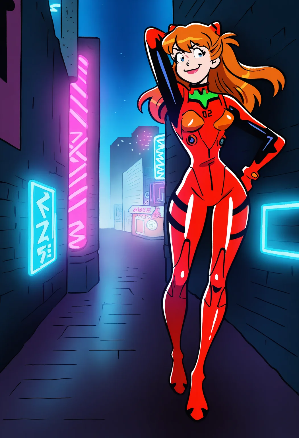 best quality, amazing quality, very aesthetic, absurdres,
1girl, asuka langley, red plugsuit, standing, smug, looking at viewer, futuristic background, neon light , buildings, night, <lora:DanDecarloNoob_byKonan:1>