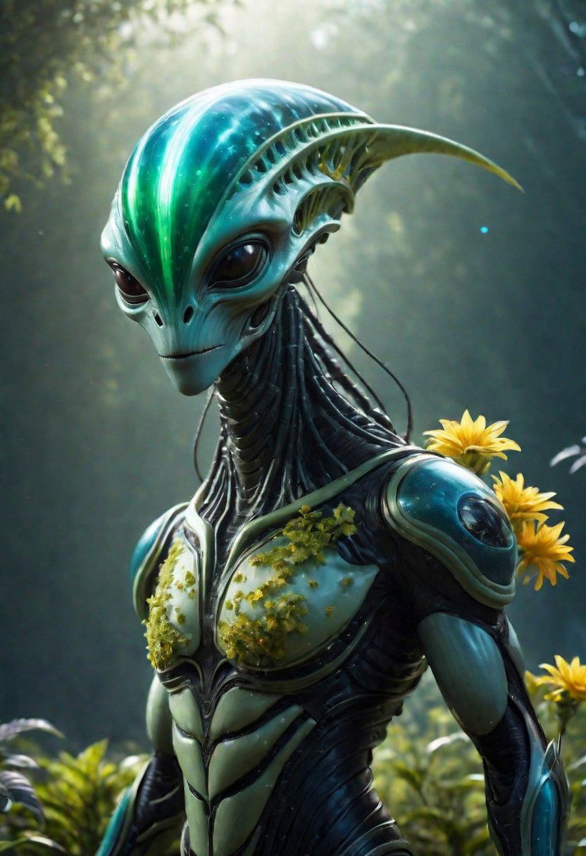 8k fullbody detailed photorealistic scary alien in the light spacesuit in the mysterious planet with flowers, green forest of mysterious planet and a luminous spreading plants with thin stems and spaceships in the background, beautiful space and clear sky with clouds around, photorealistic skin, natural photorealistic light<lora:xl_more_art-full_v1:0.4>