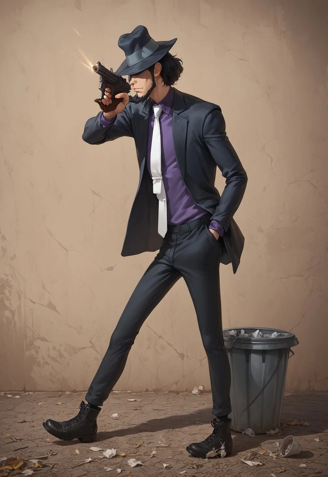 score_9, score_8_up, score_7_up, holding weapon, holding gun, handgun, hand in pocket, aiming, full body, industrial pipe, industrial, trash can, Daisuke Jigeni, LP3Jigen, black hair, sideburns, facial hair, chinstrap beard, jawline beard, eyeless, hidden eyes, eyes in shadow, eyes hidden by shadows, fedora, LP3Jigen_outfit02, black suit, (purple shirt, purple collared shirt, white necktie, black blazer:1.3), black pants, black boots