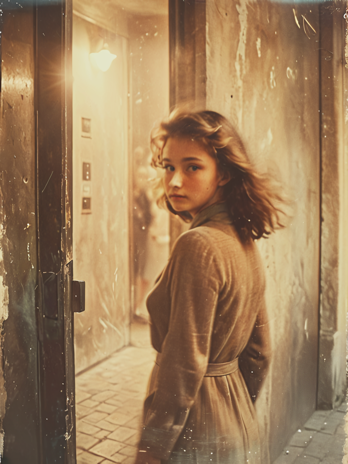 35mm Vintage photo of, young lady staying near entrance Door Wall,   <lora:Vintage_Street_Photo:0.8>