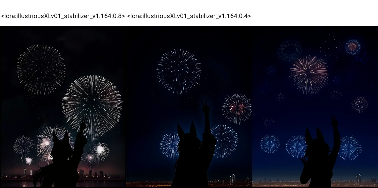 <lora:illustriousXLv01_stabilizer_v1.164:0.8>1girl,tamamo \(fate\),upper body,from behind,arm up,v,dark,night,cityscape,fireworks,stars in sky,shadow,masterpiece,