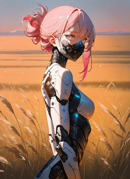 masterpiece, best quality, newest, absurdres, highres, painting, mcnm, 1girl, cyborg, white robotic face, armor, skinny, Side-Swept Updo with Twisted Detail hair, pink hair, soft glow, field, looking at viewer, detailed, <lora:Mechanism-Illustious:1.0>