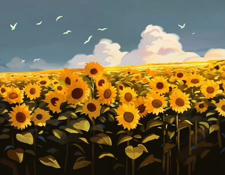 by carl newman, no-humans, sunflower, scenery, clouds, birds, masterpiece, best quality, newest, absurdres, highres