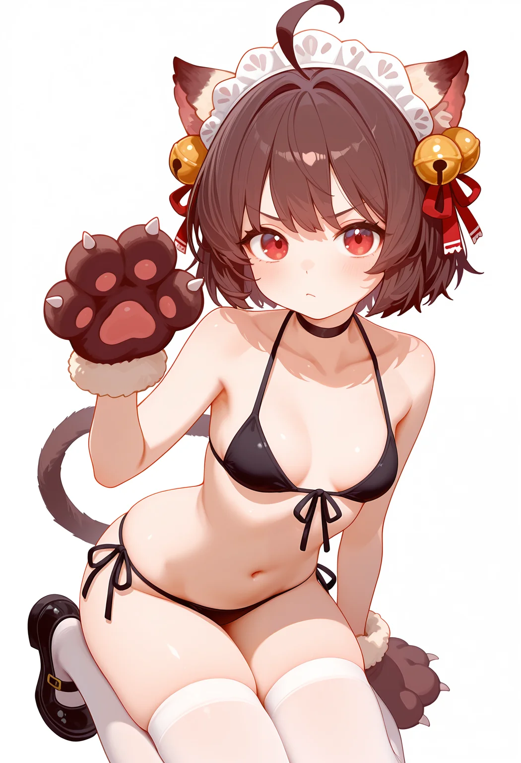 Ichihime, 1girl, solo, breasts, looking at viewer, short hair, simple background, brown hair, hair ornament, white background, gloves, red eyes, thighhighs, navel, animal ears, ribbon, closed mouth, bare shoulders, collarbone, tail, swimsuit, ahoge, hair ribbon, bikini, small breasts, shoes, choker, hand up, cat ears, stomach, white thighhighs, animal ear fluff, v-shaped eyebrows, cat tail, maid headdress, black choker, bell, black bikini, side-tie bikini bottom, halterneck, cat girl, string bikini, jingle bell, front-tie top, animal hands, front-tie bikini top, hair bell, paw gloves