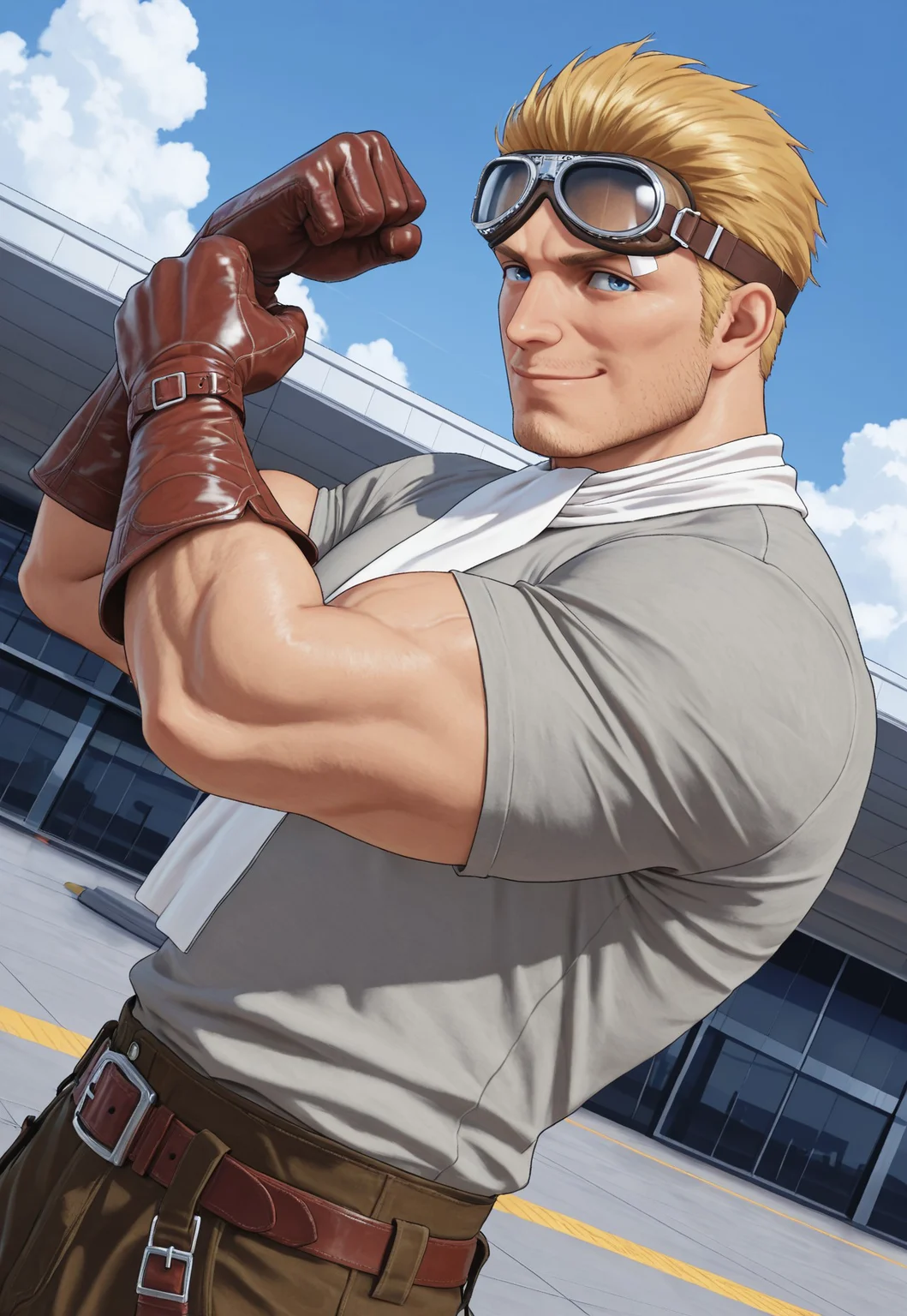 masterpiece, best quality, amazing quality, CidHighwindFF, short hair, blonde hair, blue eyes, stubble, mature male, muscular, bandaid, aviator goggles, white scarf, grey shirt, brown leather gloves, belt, brown pants, looking at viewer, smile, dynamic pose, detailed background, dutch angle, cowboy shot, airport, blue sky, clouds, upper body, flexing,