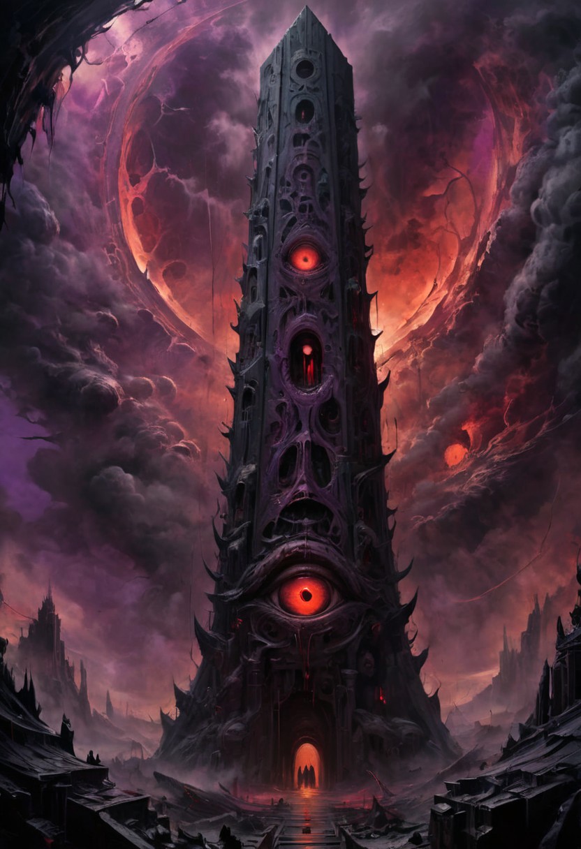 close view on obsidian obelisk, complicated architecture, horror atmosphere, EdobHorrorLandscape, purple veins on obelisk, huge eye above, it watches, something lurks in the dark, sphere in the sky many eyes looking from it, dark night, very busy sky, storm, dim fog, atmospheric, (red glow), romantic impressionism, absurdres, scenery art, matte painting, horror, beautiful digital painting, anime landscape, scary painting, paintlike, dreamy,