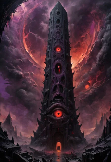 close view on obsidian obelisk, complicated architecture, horror atmosphere, EdobHorrorLandscape, purple veins on obelisk, huge eye above, it watches, something lurks in the dark, sphere in the sky many eyes looking from it, dark night, very busy sky, storm, dim fog, atmospheric, (red glow), romantic impressionism, absurdres, scenery art, matte painting, horror, beautiful digital painting, anime landscape, scary painting, paintlike, dreamy,