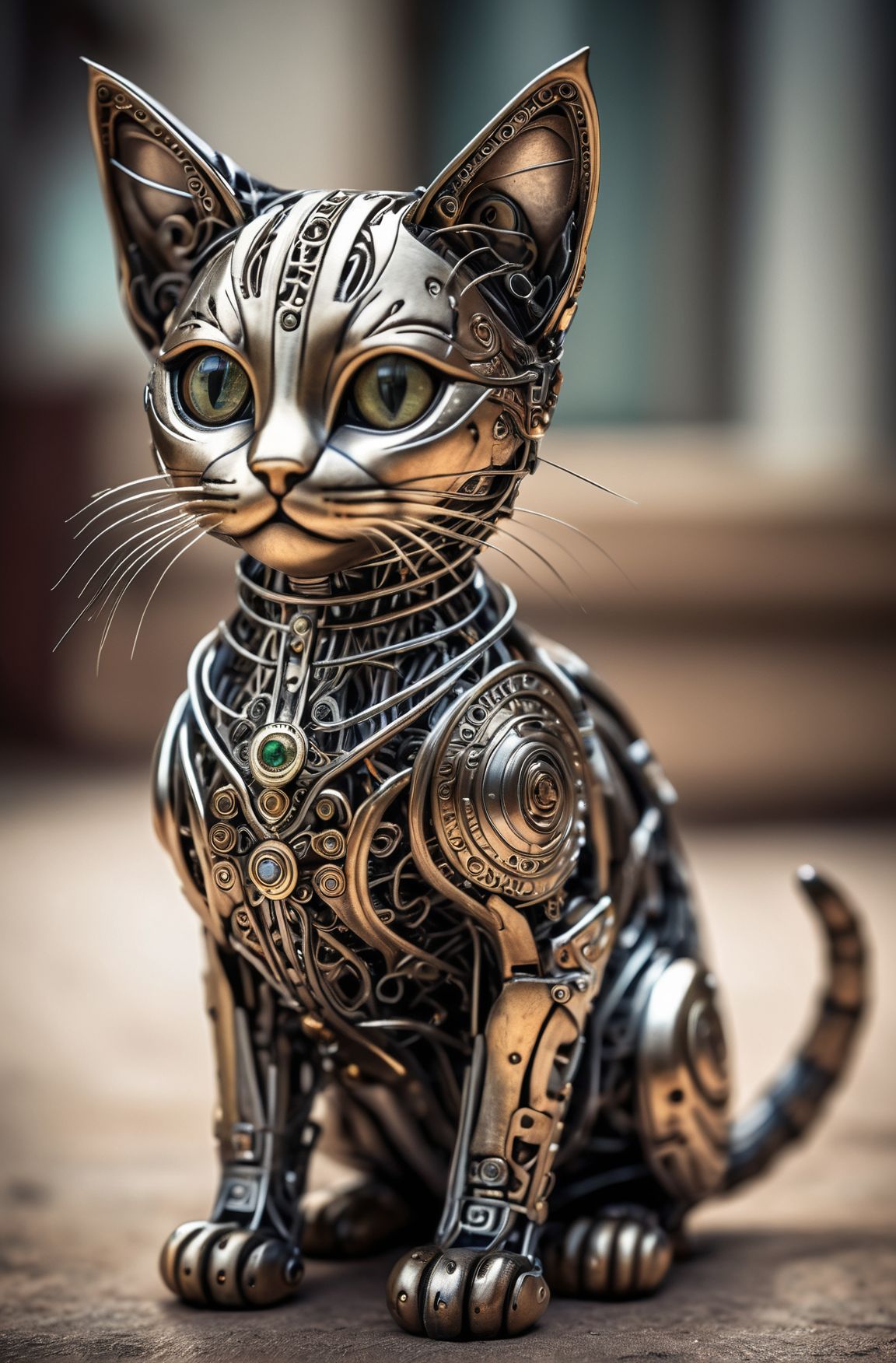 a cute kitten made out of metal, (cyborg:1.1), ([tail | detailed wire]:1.3), (intricate details), hdr, (intricate details, hyperdetailed:1.2), cinematic shot, vignette, centered