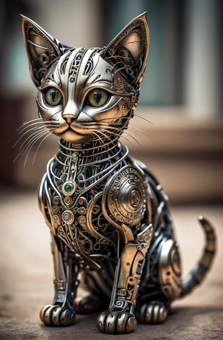 a cute kitten made out of metal, (cyborg:1.1), ([tail | detailed wire]:1.3), (intricate details), hdr, (intricate details, hyperdetailed:1.2), cinematic shot, vignette, centered