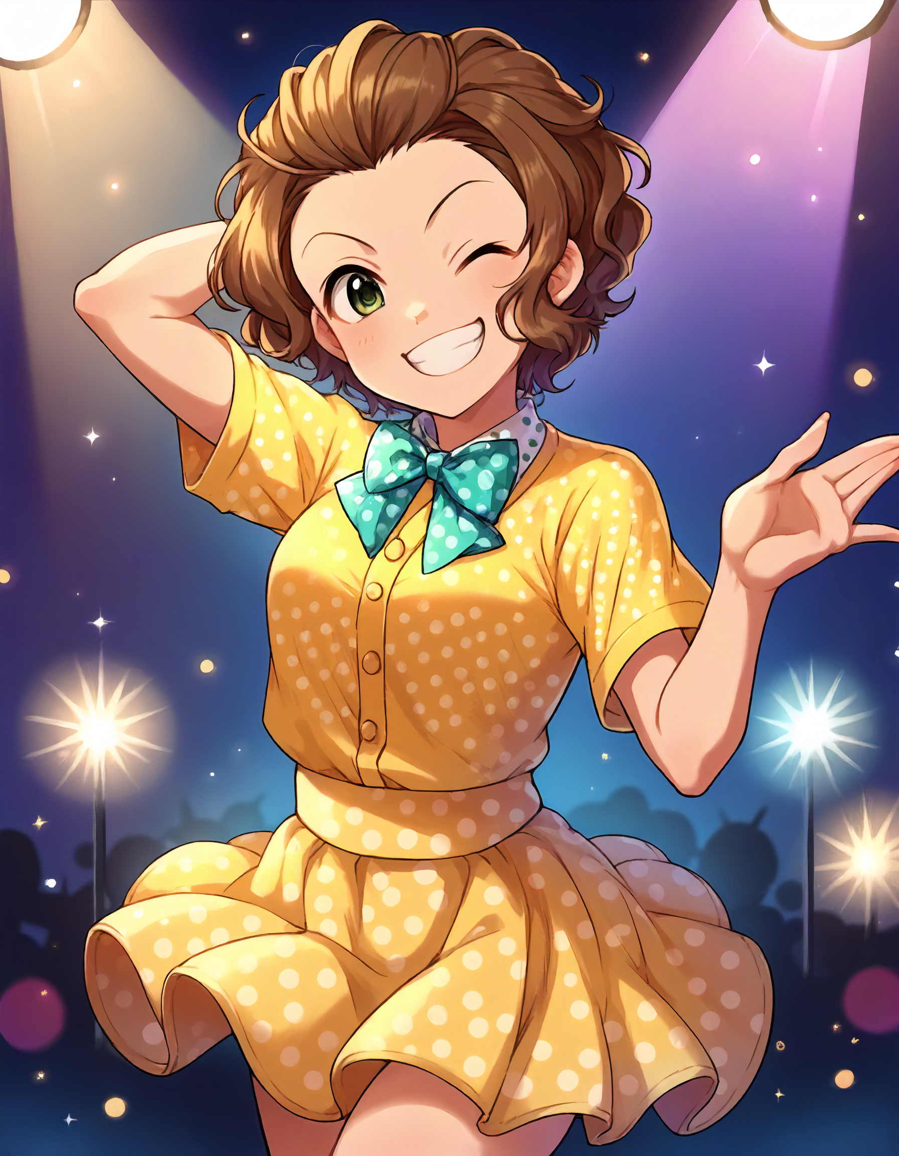 score_9,score_8_up,score_7_up,1girl,solo,cowboy shot,looking at viewer,smile,(grin:0.8),wink,stage lights,
<lora:nanbaemi_ponyXLV6:0.8>,cgne,
brown hair,short hair,wavy hair,green eyes,
polka dot bowtie,yellow shirt,yellow skirt