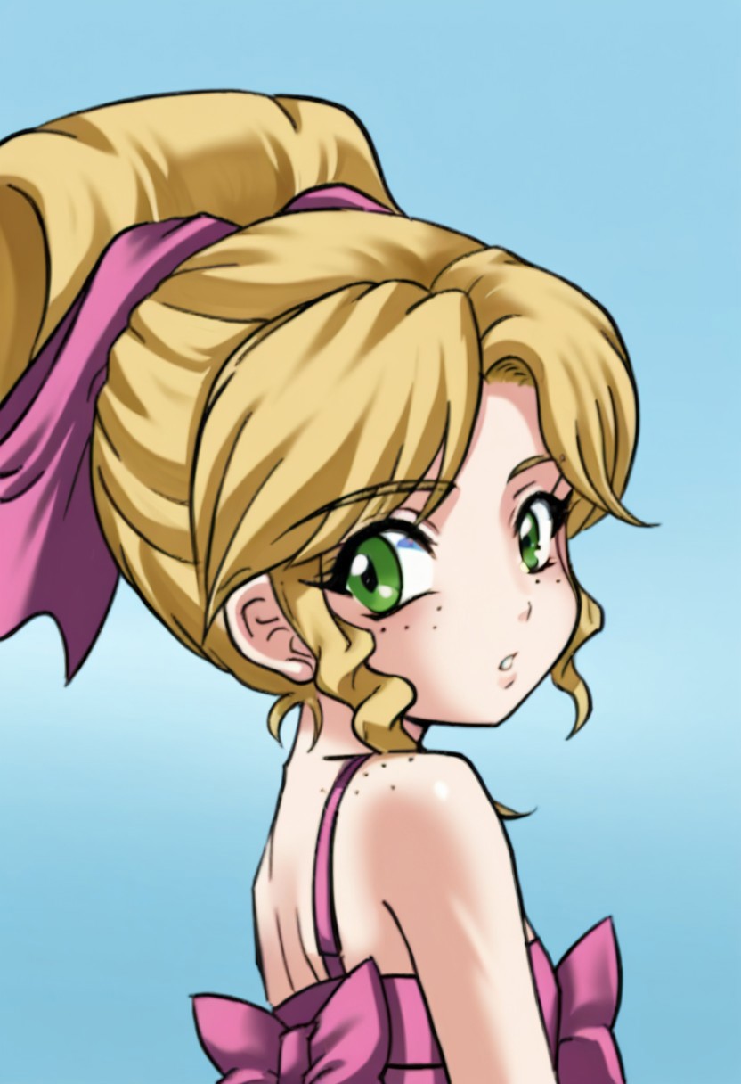 score_9, score_8, score_7, source_anime, princessapplejack, 1girl, solo, ponytail, bow, ribbon, bare shoulders, hair ribbon