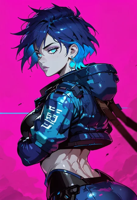 score_9, score_8_up, score_7_up, (((daytime, pink lighting)), (scifi, parking lot), young woman, pale skin, blues eyes, glowing eyes, detailed face, (seductive expression), Expressiveh, (blue star earrings), large breasts, (multi colored hair, streaked hair, dark blue hair, dark purple hair), (blue colored inner hair), short hair, messy hair, (purple and blue camouflage armored jacket), (standing, arms crossed) (city), (depth of field, rear view)