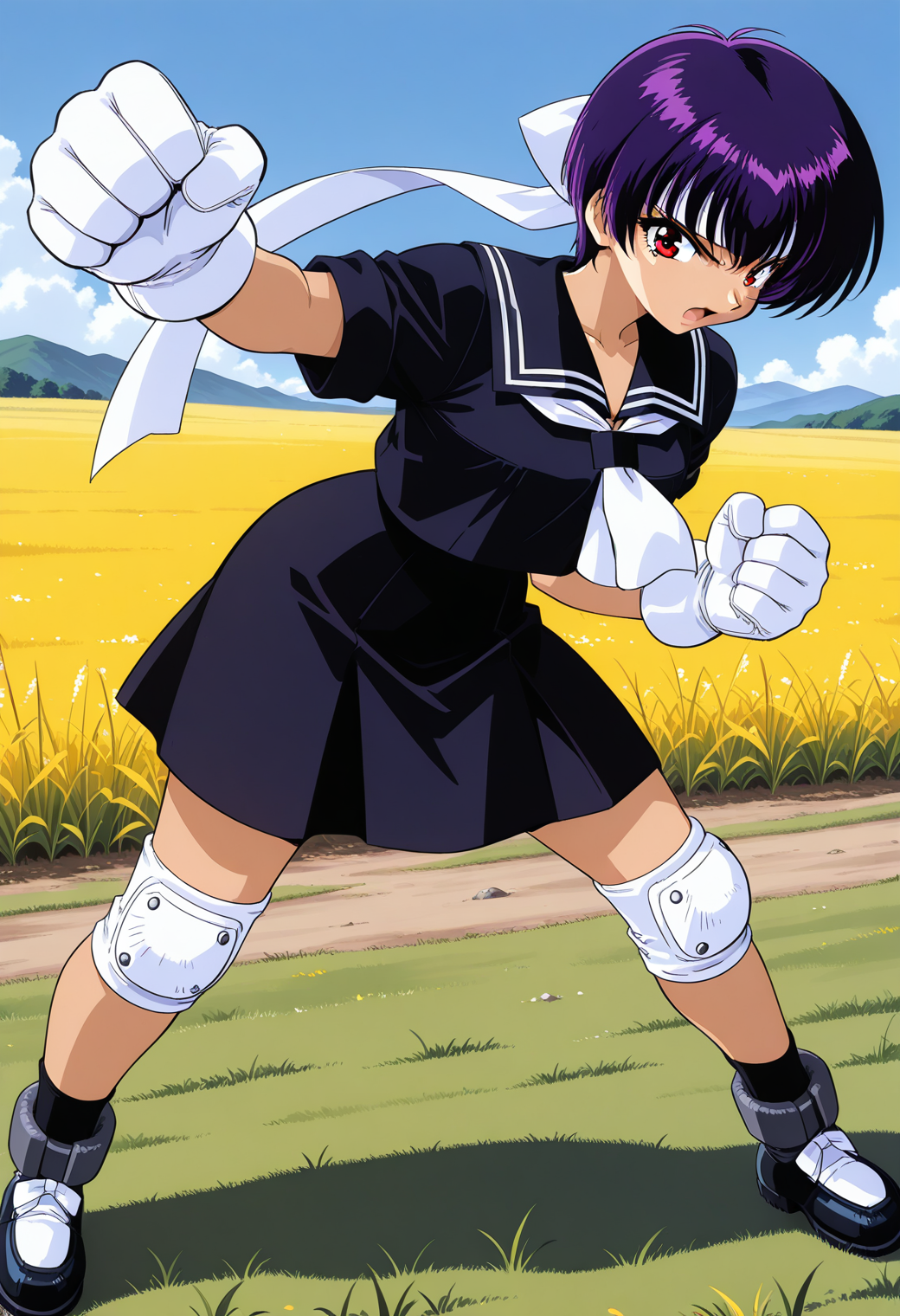 kawasaki_shinobu, red eyes, purple hair, short hair, headband, white gloves, huge gloves, school uniform, black serafuku, black sailor collar, white neckerchief, short sleeves, black skirt, <lora:asuka120_kawasaki_shinobu_illustrious_ver1:0.8> 
serious, open mouth, knee pads, full body, fighting stance,, masterpiece, best quality, general,, 1girl, solo, (field:1.2), (blue sky:1.2), looking at viewer,
