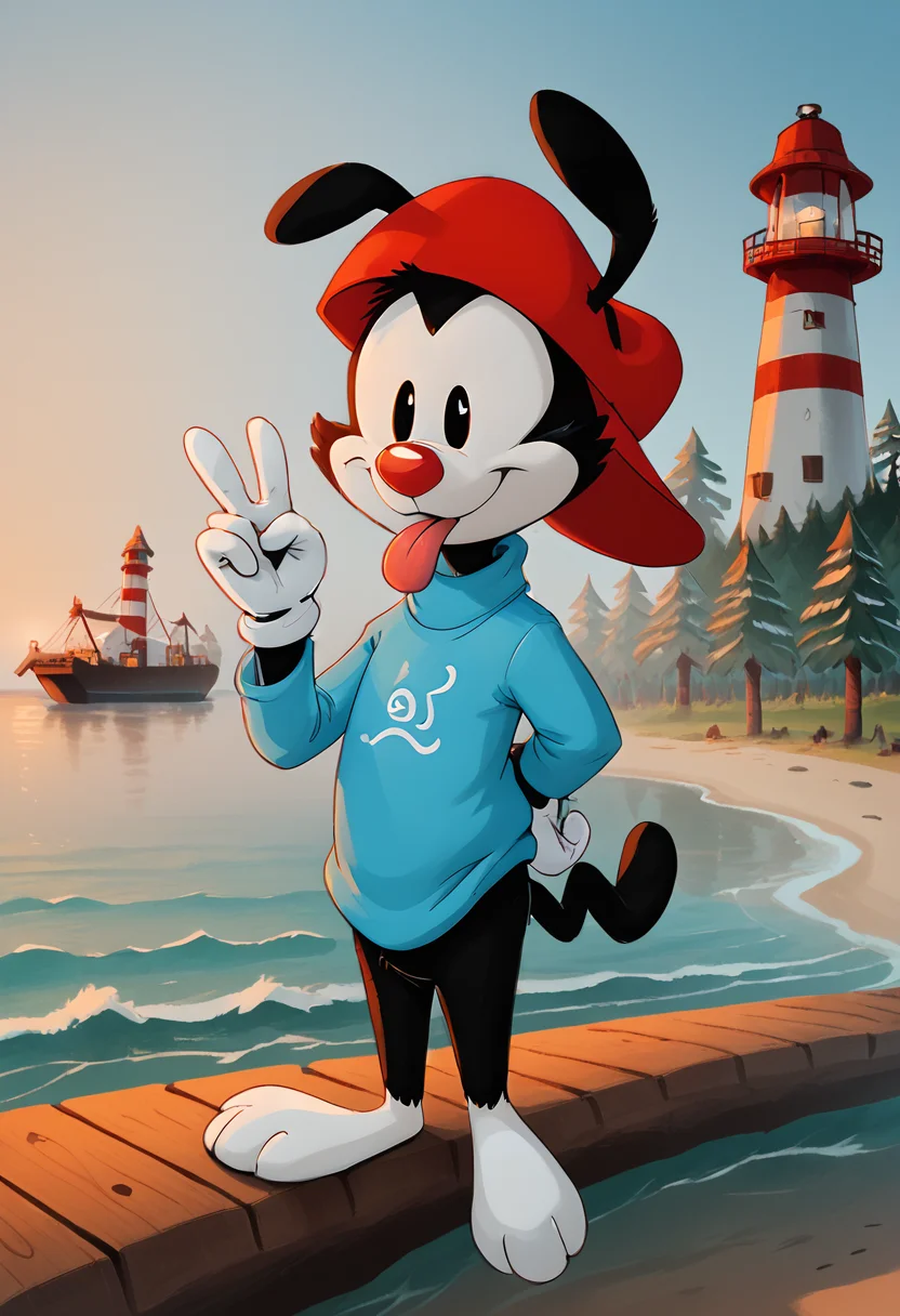 score_9, score_8_up, score_8, <lora:Wakko_Warner_Animaniacs_for_PonyXL:0.8> 1boy, furry, animal ears, w4kk0, hat, red headwear, tongue, white gloves, tail, blue sweater, docks, ocean, lighthouse, scenery, pine trees, overcast, solo, peace sign,