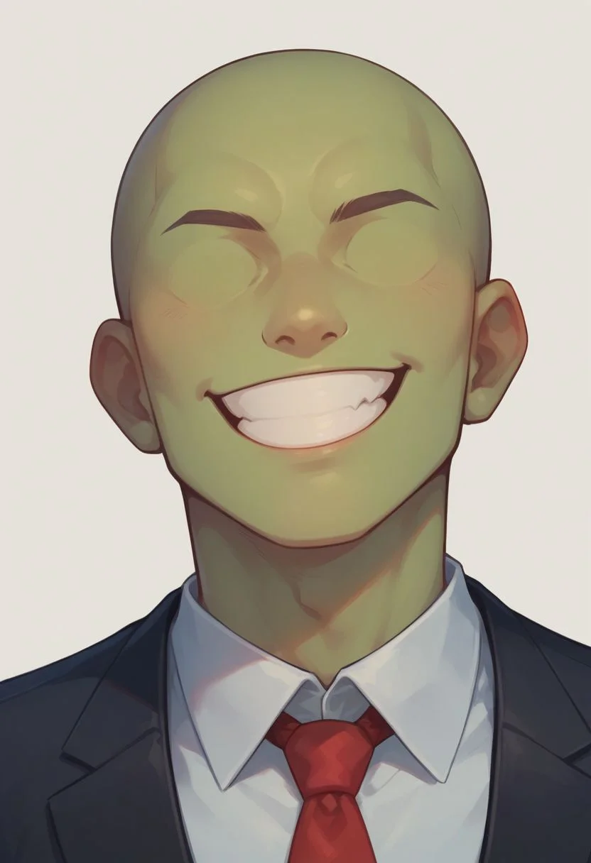 score_9, score_8_up, score_8,
1boy, solo, green skin, no eyes, no eyebrows, bald, black business suit, white under shirt, red tie, black suit pants, average body, portrait shot, smiling, white background