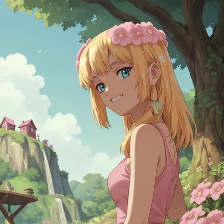 <lora:SlimesKohakuDisguise:1>, score_9, score_8_up, score_7_up, slimes_kohakudisguise, woman, solo, smiling, blonde hair, flowers in hair, treehouse background
