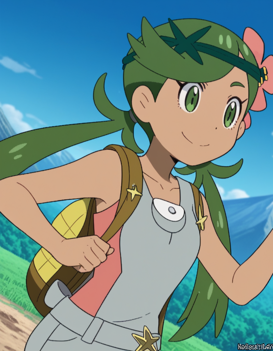 score_9, score_8_up, score_7_up, source_anime, <lora:pokemon-mallow-anime-ponyxl-lora-nochekaiser:1>, mallow, long hair, bangs, hair ornament, twintails, green eyes, flower, green hair, hair flower, dark skin, dark-skinned female, swept bangs, mallow (pokemon), collarbone, sleeveless, pink shirt, overalls,, mountain trail, hiking, nature, backpack, adventure, fresh air, smile, , hand touching face, foot pointed, elbow up, solo,, cowboy shot, dutch angle