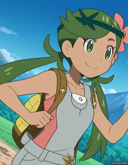 score_9, score_8_up, score_7_up, source_anime, <lora:pokemon-mallow-anime-ponyxl-lora-nochekaiser:1>, mallow, long hair, bangs, hair ornament, twintails, green eyes, flower, green hair, hair flower, dark skin, dark-skinned female, swept bangs, mallow (pokemon), collarbone, sleeveless, pink shirt, overalls,, mountain trail, hiking, nature, backpack, adventure, fresh air, smile, , hand touching face, foot pointed, elbow up, solo,, cowboy shot, dutch angle