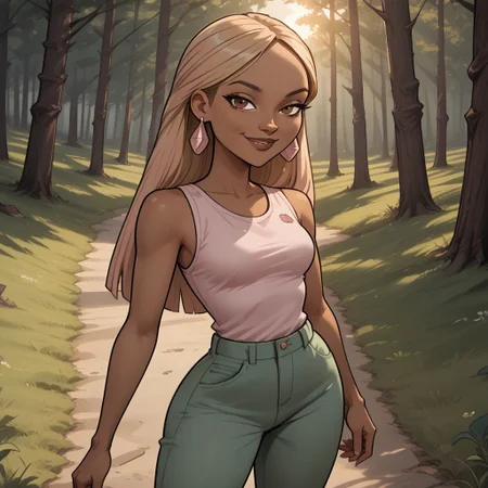 score_9, score_8, BREAK, solo, dark blonde hair, brown eyes, brown lips, lipstick, light pink sleeveless shirt, green pants, light pink footwear, earrings, dark skin, total drama, Nichelle_(Total_Drama), breasts, dark skin female, sexy pose, smile, outdoors, sunlight, shadows, evening lighting, natural lighting, forest, trees, grass, orange sky, sunset