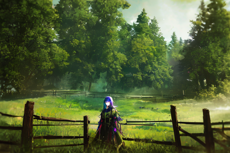 (otherworldly), highly insanely detailed, masterpiece, top quality, best quality, highres, 4k, 8k, RAW photo, (very aesthetic, beautiful and aesthetic), farm, fields, barn, fence, fantfa, <lora:FantasyFarm-10:0.7>, 
1girl, 
(dark green hair ), 
(a colorful background,solid color,solid color background,gradient background,multicolored background,neon color),âââ