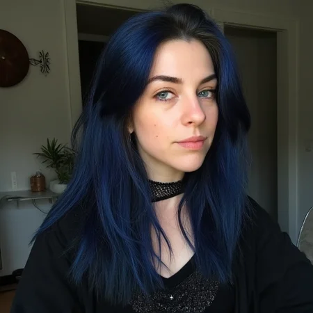 Princess beuty medieval woman, black and blue hair ,black dressed medieval