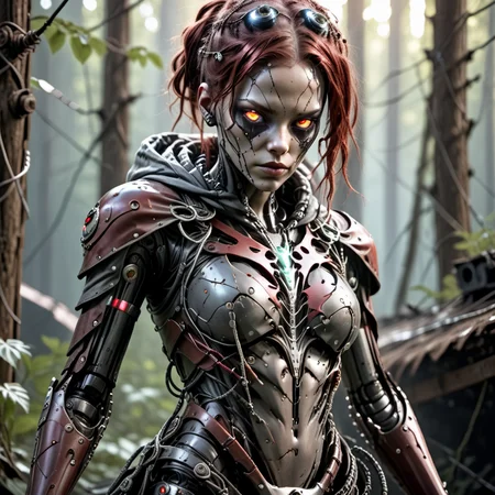 a full_body image of 1woman, solo, a damaged dark red and grey rusted cyborg wearing tech clothes with fiber optical cables as hair, glowing red eyes, hyper realistic, intricate,overgrown junkyard in the forest, daylight, sun rays <lora:Cinematic_Robot_Cyborg:0.8> <lora:intricate_details:1>