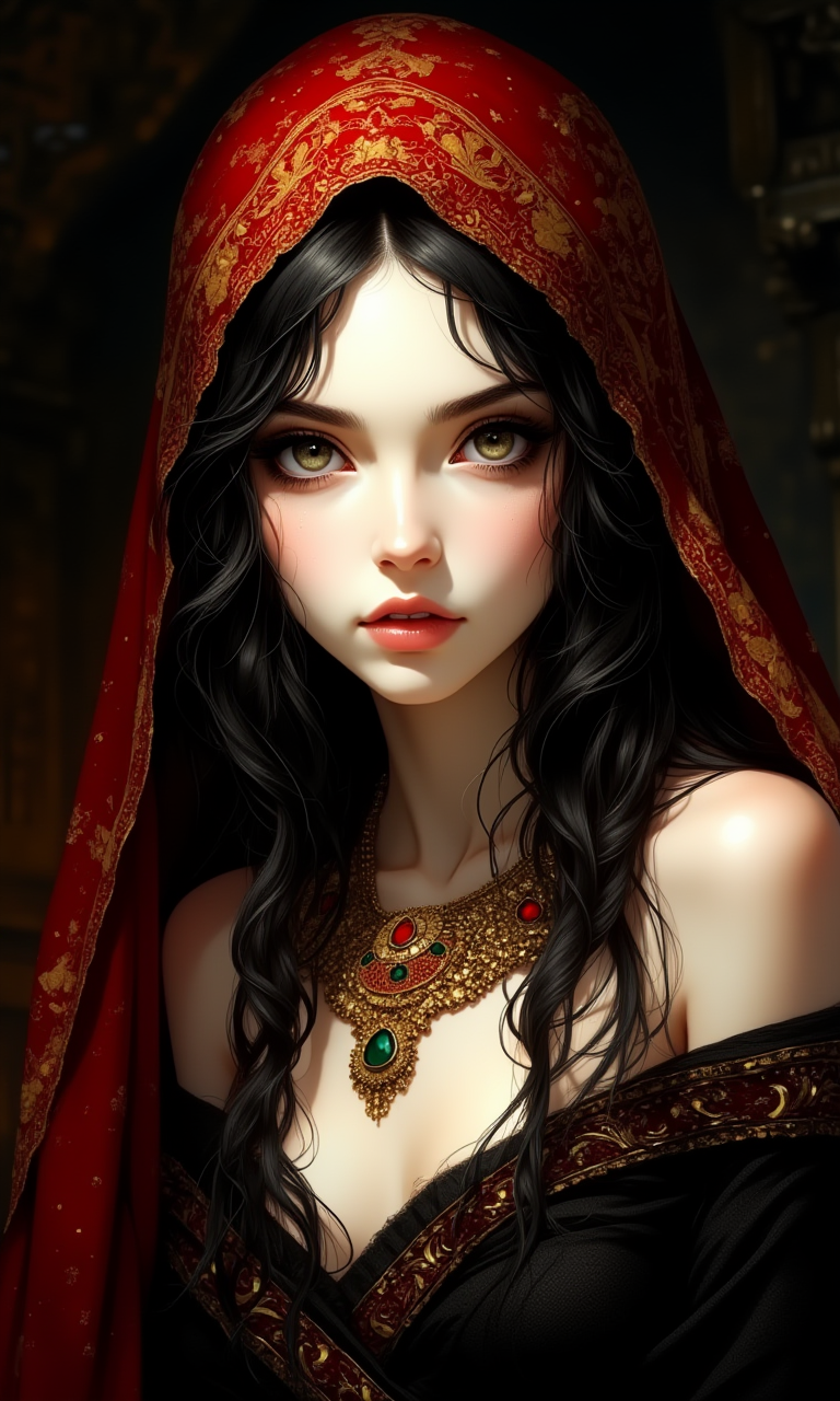 a woman with striking features. She has pale skin and long, wavy black hair cascading over her shoulders. Her eyes are piercing and framed by dark makeup, enhancing her intense gaze. She wears an ornate red headscarf adorned with intricate gold patterns, which drapes elegantly over her head and shoulders. Her attire is a dark, off-shoulder garment, complemented by elaborate gold jewelry, including a large necklace with red and green gemstones. The background is dark, adding to the dramatic and mystical atmosphere of the image. The overall composition is dynamic, (with the subject's face and upper body prominently displayed:1.3), creating a captivating and regal presence.
<lora:FluxMythP0rtr4itStyle:0.2>, beautiful, detailed, intricate, elegant, highly enhanced, dramatic light, sharp focus, illuminated background, divine, scenic, professional, artistic, attractive, pretty, cute, perfect, innocent, balanced colors, best, romantic, futuristic, stunning, magical, pure, wonderful, delicate, creative, positive, unique, flowing, color, shiny,