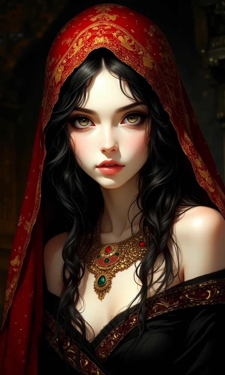 a woman with striking features. She has pale skin and long, wavy black hair cascading over her shoulders. Her eyes are piercing and framed by dark makeup, enhancing her intense gaze. She wears an ornate red headscarf adorned with intricate gold patterns, which drapes elegantly over her head and shoulders. Her attire is a dark, off-shoulder garment, complemented by elaborate gold jewelry, including a large necklace with red and green gemstones. The background is dark, adding to the dramatic and mystical atmosphere of the image. The overall composition is dynamic, (with the subject's face and upper body prominently displayed:1.3), creating a captivating and regal presence.
<lora:FluxMythP0rtr4itStyle:0.2>, beautiful, detailed, intricate, elegant, highly enhanced, dramatic light, sharp focus, illuminated background, divine, scenic, professional, artistic, attractive, pretty, cute, perfect, innocent, balanced colors, best, romantic, futuristic, stunning, magical, pure, wonderful, delicate, creative, positive, unique, flowing, color, shiny,