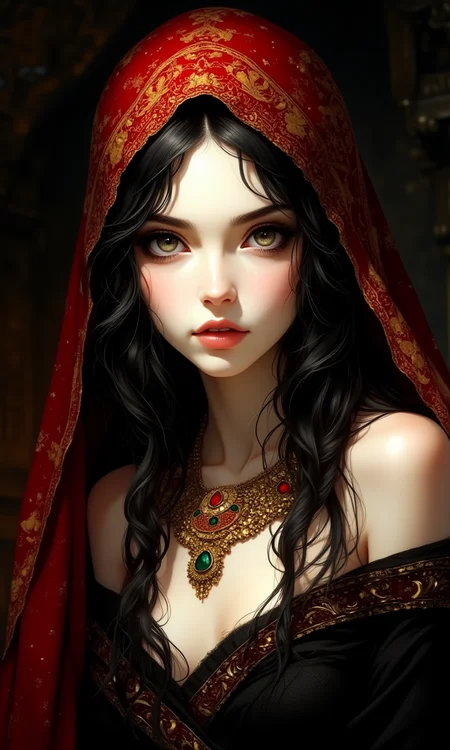 a woman with striking features. She has pale skin and long, wavy black hair cascading over her shoulders. Her eyes are piercing and framed by dark makeup, enhancing her intense gaze. She wears an ornate red headscarf adorned with intricate gold patterns, which drapes elegantly over her head and shoulders. Her attire is a dark, off-shoulder garment, complemented by elaborate gold jewelry, including a large necklace with red and green gemstones. The background is dark, adding to the dramatic and mystical atmosphere of the image. The overall composition is dynamic, (with the subject's face and upper body prominently displayed:1.3), creating a captivating and regal presence.
<lora:FluxMythP0rtr4itStyle:0.2>, beautiful, detailed, intricate, elegant, highly enhanced, dramatic light, sharp focus, illuminated background, divine, scenic, professional, artistic, attractive, pretty, cute, perfect, innocent, balanced colors, best, romantic, futuristic, stunning, magical, pure, wonderful, delicate, creative, positive, unique, flowing, color, shiny,